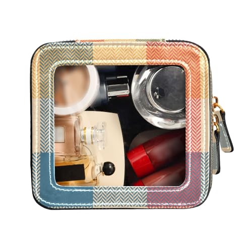 FRODOTGV Kulturbeutel aus Leder mit buntem Büffelkaromuster, durchsichtig, Make-up-Tasche, Kosmetik-Organizer, Buntes Büffelkaromuster, 1 Size von FRODOTGV