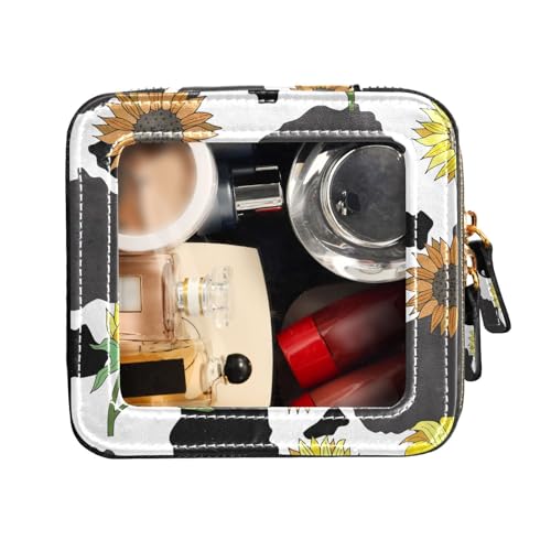 FRODOTGV Kulturbeutel mit Kuh-Aufdruck, Sonnenblumen, transparent, Kosmetiktasche, kleine Kosmetiktasche für Geldbörse, Schwarz / Weiß, Schwarz-weiße Sonnenblumen mit Kuh-Aufdruck, 1 Size von FRODOTGV