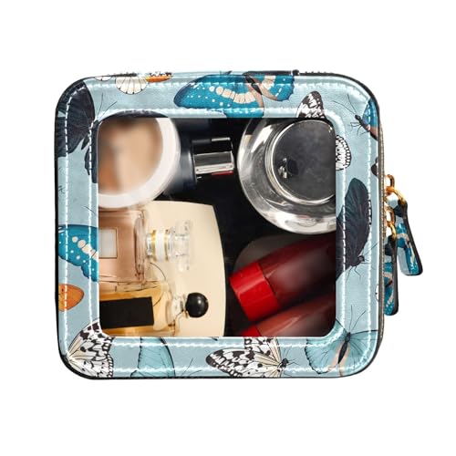 FRODOTGV Kulturbeutel mit blauen und gelben Schmetterlingen, transparent, Make-up-Tasche, kleine Leder-Organizer-Taschen, Blaue und gelbe Schmetterlinge, 1 Size von FRODOTGV