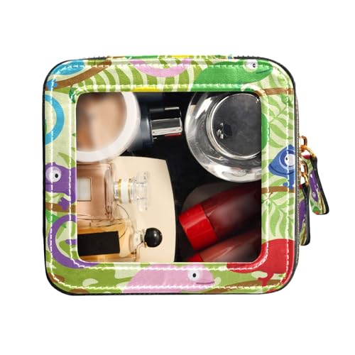 FRODOTGV Kulturbeutel mit farbigen Chamäleons unter tropischen Blättern, niedliche Reise-Make-up-Tasche, transparent, mit Reißverschluss, Nagellack-Organizer-Tasche, Farbige Chamäleons unter von FRODOTGV