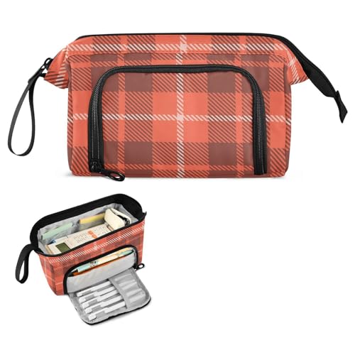 FRODOTGV Living Coral Tartan-Federmäppchen mit großem Fassungsvermögen, leichtes Federmäppchen für Kinder, für den adretten Kindergarten von FRODOTGV