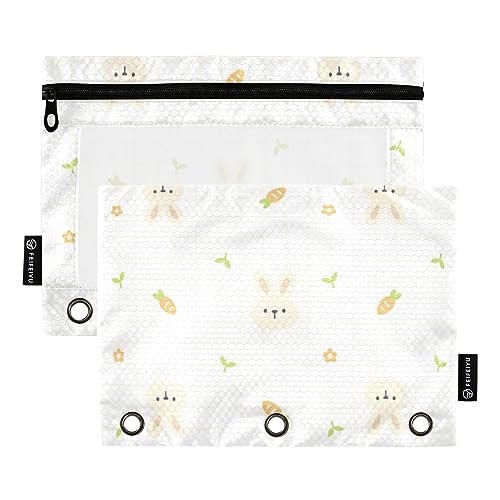 FRODOTGV Lovely Rabbits Karotten Blumen Plaid Binder Bleistiftbeutel 3-Ring-Bleistiftbeutel 2 Stück Reißverschluss Federmäppchen Klar Drei Löcher Bleistift Beutel für 3-Ringbuch von FRODOTGV