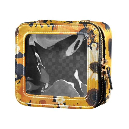 FRODOTGV Make-up-Tasche aus Leder mit blauen und gelben Schmetterlingen, transparent, für Geldbörse, Hautpflege, Kosmetik-Organizer für Mädchen und Frauen, Boho-Stil, Sonnenblumen, Manga-Stil von FRODOTGV