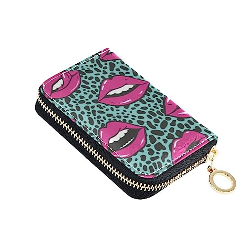 FRODOTGV Mini-Geldbörse mit pinken Lippen, Leopardenmuster, für Damen, sicherer RFID-Kartenhalter, Leder, Reißverschluss, Kreditkartenfächer für die Arbeit, Pink Lips Leopard Green, 1 size, Classic von FRODOTGV