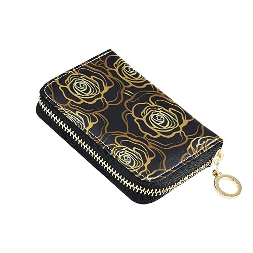 FRODOTGV Mini-Kartenetui für Damen, RFID-blockierend, Leder, mit Reißverschluss, für Reisen, Rose Flower Gold Black, 1 size, Classic von FRODOTGV