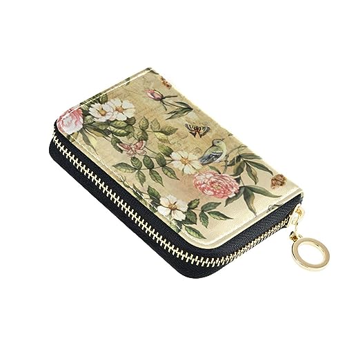 FRODOTGV Mini-Kartenhalter im Vintage-Stil mit Blumenmotiv und Vögeln, für Mädchen, sichere RFID-blockierende Brieftasche, Leder, Reißverschlusstasche, Geldbörse für die Arbeit, Vintage Blumen Vögel, von FRODOTGV