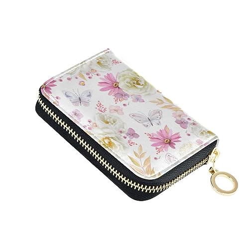 FRODOTGV Mini-Kreditkartenetui mit rosafarbenen und weißen Rosen und Schmetterlingen, für Damen, sichere RFID-blockierende Brieftaschen, Leder, Reißverschluss, Kreditkartenfächer, Rosa weiße Rosen, 1 von FRODOTGV