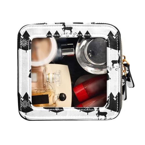 FRODOTGV Mini-Make-up-Tasche, transparent, mit Weihnachtsbaum, Hirsch-Muster, Kulturbeutel mit Reißverschluss, Kosmetiktasche, Organizer, Schwarzes Weihnachtsbaum-Hirsch-Muster, 1 Size von FRODOTGV