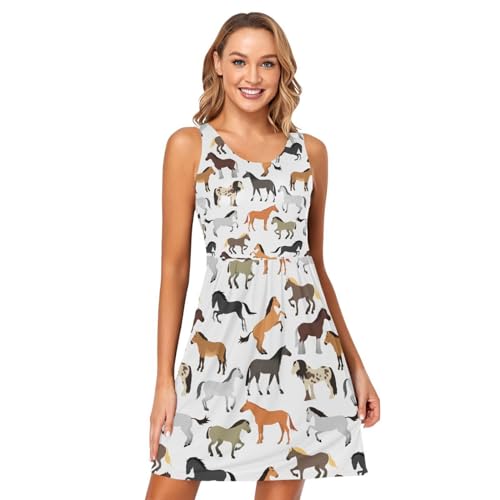 FRODOTGV Nahtloses Muster Pferd flachen Stil Damen Casual A-Linie Kleider Strandkleid, Seamless Pattern Horse Flat Style, XXL von FRODOTGV
