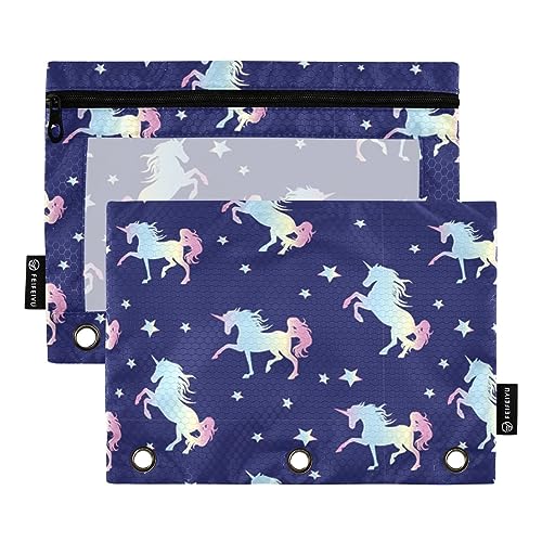 FRODOTGV Neon Kawaii Einhörner Blau Binder Bleistift Beutel 3-Ringbuch Taschen 2 Pack Clear Pen Case Zipper 3 Loch Binder für 3-Ringbuch von FRODOTGV