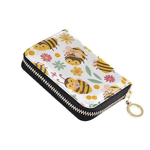 FRODOTGV Niedliche Bienen Happy Flowers Mini-Geldbörse Kartenhalter für Damen, risikofrei, RFID-Kartenhalter, Leder, Reißverschlusstasche, Geldbörse für Reisen, Niedliche Bienen Happy Flowers, 1 size, von FRODOTGV