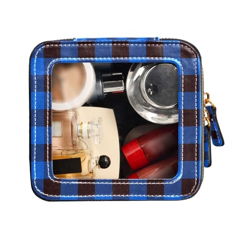 FRODOTGV Niedliche Make-up-Tasche, transparent, Büffelkaro, blau, schwarz, Leder-Kulturbeutel, tragbarer Make-up-Organizer, Buffalo Plaid Blau Schwarz, 1 Size von FRODOTGV