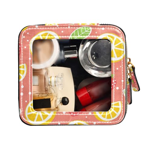 FRODOTGV Niedliche Make-up-Tasche, transparent, Kulturbeutel, Kosmetiktasche, Organizer, Zitronen und Erdbeeren auf pfirsichfarbenem Hintergrund, Zitronen und Erdbeeren auf pfirsichfarbenem von FRODOTGV