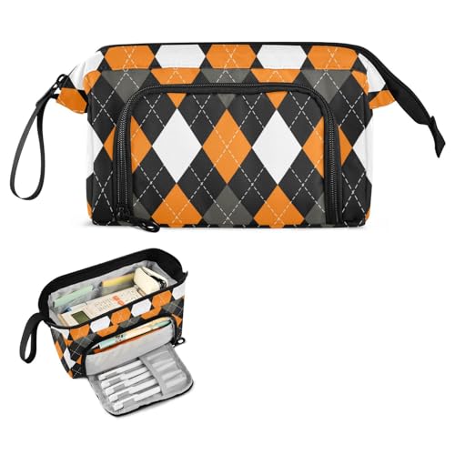 FRODOTGV Orange Halloween Argyle Buffalo Plaid Federmäppchen Große Kapazität Tasche mit Fach mit Schlitz Bleistifttaschen mit Reißverschluss für Erwachsene High School von FRODOTGV