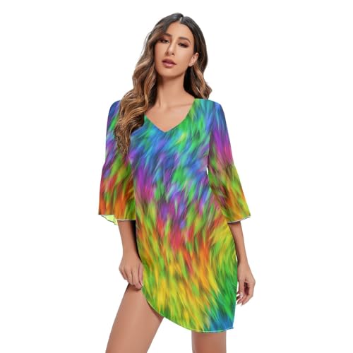 FRODOTGV Pelz Textur Regenbogen Farbe Muster Frauen Chiffon Kleider Casual V-Ausschnitt Kleid Weiche Kurze Kleider, Fellstruktur, Regenbogenfarben, Groß von FRODOTGV