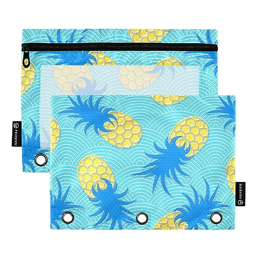 FRODOTGV Pineapple Sea Waves Binder-Bleistiftbeutel, 3-Ring-Bindertaschen, transparent, Reißverschluss, 3-Loch-Binder für 3-Ringbuch, 2 Stück von FRODOTGV