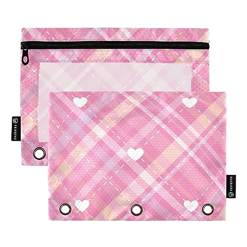 FRODOTGV Pink Love Buffalo Plaid Binder-Bleistiftbeutel, 3-Ring-Bleistiftbeutel, 2 Stück, Reißverschluss, transparent, 3-Loch-Binder für 3-Ringbuch von FRODOTGV