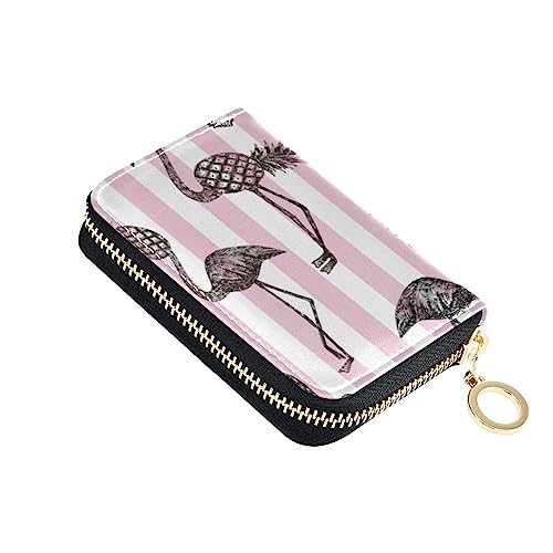 FRODOTGV Pink-weiß gestreiftes lustiges Flamingo-Ananas-Kartenetui für Damen, risikofrei, RFID-Kartenhalter, Leder, Reißverschlusstasche, Geldbörse für Reisen, Lustige Flamingo-Ananas, Einheitsgröße, von FRODOTGV