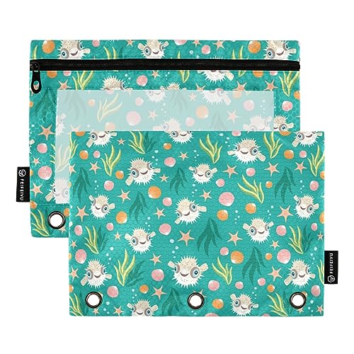 FRODOTGV Puffer Hawaiian Fish Seaweed Binder Pencil Pouches 3-Ring Binder Pockets 2 Pack Clear Pencil Case Zipper 3 Hole Binder for 3-Ring Binder von FRODOTGV