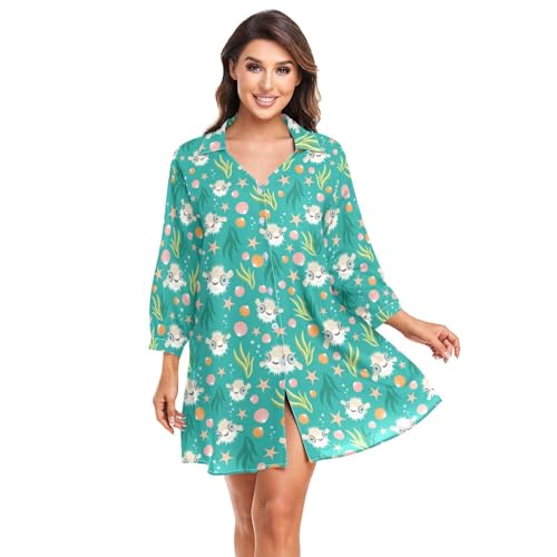 FRODOTGV Puffer Hawaiianischer Fisch Seetang Damen Cover Up für Bademode Strand Cover Up Shirt Kleid Badeanzug Abdeckung für Frauen, Puffer Hawaiian Fish Seetang, XX-Large von FRODOTGV