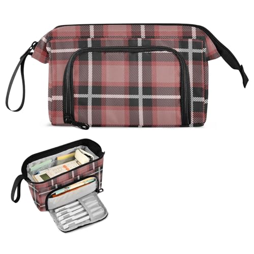 FRODOTGV Red Buffalo Plaid Schottland Vintage Federmäppchen Große Kapazität Mädchen Federmäppchen Tragbares Extra Großes Federmäppchen für Jugendliche Reisen von FRODOTGV