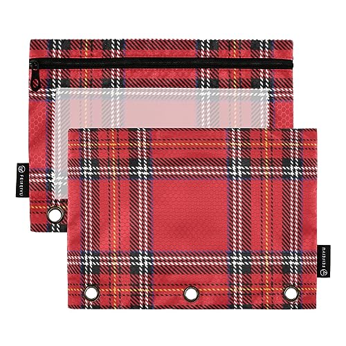 FRODOTGV Red Line Buffalo Plaid Federmäppchen für 3 Ringe, Ordner, Reißverschluss, Bindertaschen, transparent, 3 Löcher, Federmäppchen, 2 Stück von FRODOTGV