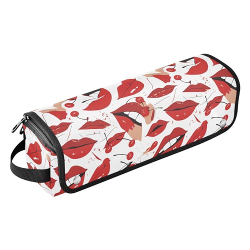 FRODOTGV Red Lips Cherry White Lockenstab Reiseetui für Damen, tragbare doppellagige Tragetasche mit Eisenmatte für Glätteisen, Haartrockner von FRODOTGV