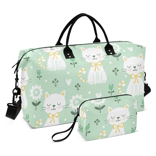 FRODOTGV Reisetasche mit niedlichen Katzen, wasserdicht, mit Kulturbeutel für Trekking, Sport, Grün / Weiß, Grün-weiße Blumen, niedliche Katzen, 1 Size von FRODOTGV