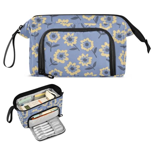 FRODOTGV Retro Gelb Blau Blume Doodle Schule Federmäppchen Große Kapazität Mädchen Federmäppchen Leichte Federtasche mit Fächern für Teenager Büro von FRODOTGV