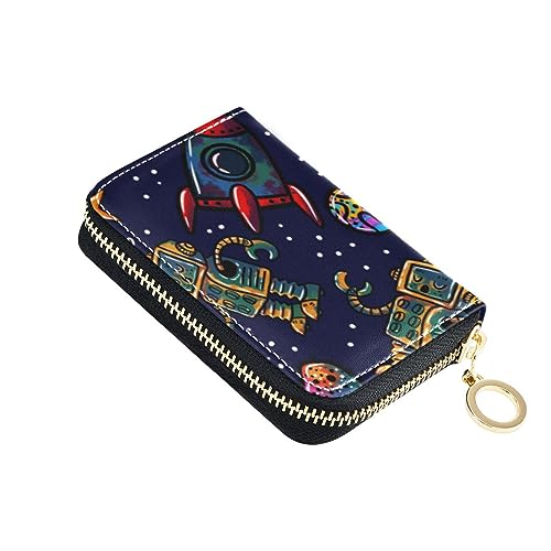 FRODOTGV Robot Rockets Planets Mini-Kreditkartenetui für Mädchen, risikofrei, RFID-blockierende Brieftaschen, Leder, Reißverschluss, Kreditkartenfächer, Robot Rockets Planets, 1 size, Classic von FRODOTGV