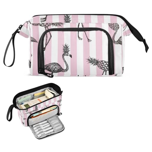 FRODOTGV Rosa Weiß Gestreiftes Lustiges Flamingo Ananas Stifteetui Große Kapazität Große Federtasche mit Fach Federmäppchen mit Fächern für Jugendliche High School Supplies von FRODOTGV