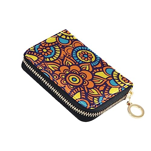 FRODOTGV Rustikaler Mini-Karten-Organizer im Mehndi-Stil, für Mädchen, sichere RFID-Geldbörse, Leder, Reißverschlusstasche, Geldbörse für die Arbeit, Floral Mehndi, 1 size, Classic von FRODOTGV