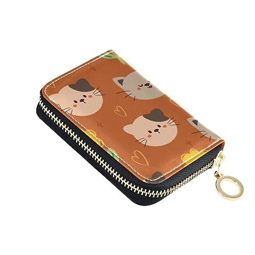 FRODOTGV Schlanker Karten-Organizer mit Cartoon-Katzen- und Blumenmotiv für Damen, sichere RFID-blockierende Brieftaschen, Ledertasche, Reißverschlusstasche, Cartoon-Katze und Blume, 1 size, Classic von FRODOTGV