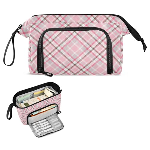 FRODOTGV Schottland Buffalo Plaid Pink Schule Federmäppchen Große Kapazität Reißverschluss Federmäppchen mit Fach Federmäppchen für Teenager Büro von FRODOTGV