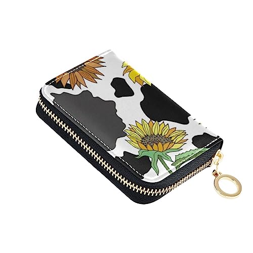 FRODOTGV Schwarz Weiß Kuh Sonnenblumen Slim Kartenhalter Mädchen Safe RFID Kartenhalter Leder Reißverschluss Kreditkartenfächer für Reisen, Schwarz-weiße Kuh-Sonnenblumen, 1 size, Classic von FRODOTGV