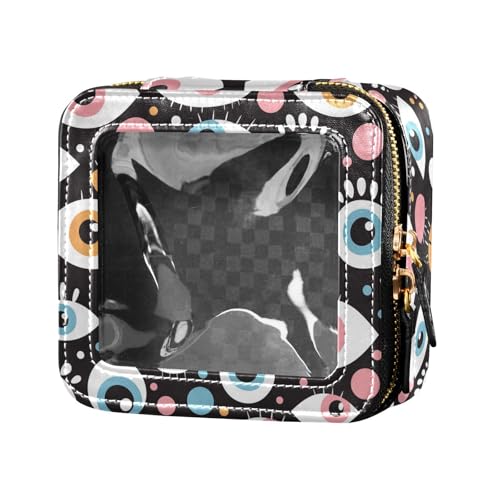 FRODOTGV Schwarze Tupfen auf rosa Hintergrund, niedlich, transparent, kleine Make-up-Tasche für Mädchen, tragbarer Kosmetik-Organizer, Reise-Kulturbeutel, Schwarze und weiße böse Blicke, Einheitsgröße von FRODOTGV
