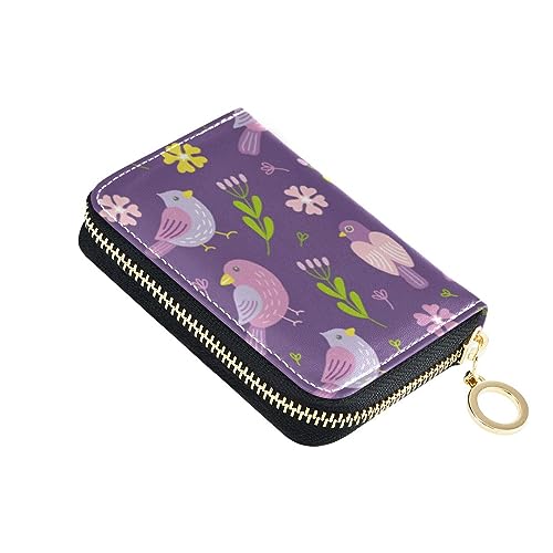 FRODOTGV Spring Birds Flowers Leaves Purple Small Card Wallet for Girl Riskfree RFID Blocking Wallets Leather Zip Pocket Wallet, Frühlingsvögel Blumen Blätter Lila, 1 size, Classic von FRODOTGV