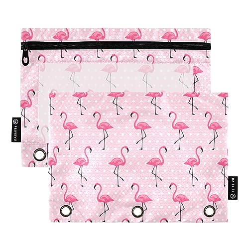 FRODOTGV Stifteetui, 3-Ring-Bleistifttasche, mit Reißverschluss, 3 Löcher, für 3-Ringbuch, Pink Flamingo-Punkte, 2 Stück von FRODOTGV