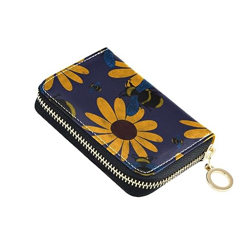 FRODOTGV Summer Floral Bees Happy Blue Slim Card Wallets for Girl Safe RFID Card Holder Leather Zip Credit Card Slots, Florale Bienen, 1 size, Classic von FRODOTGV