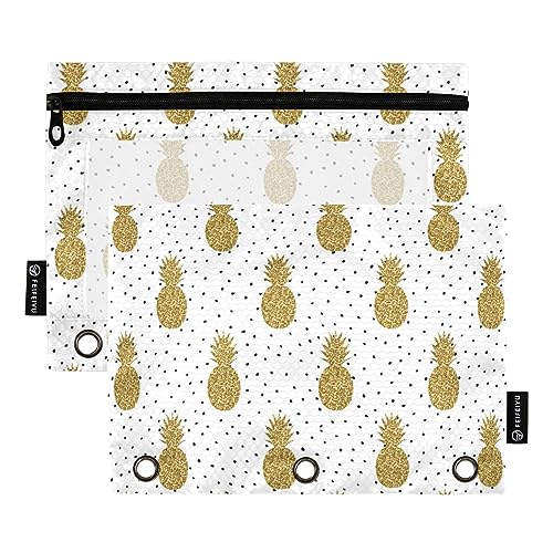 FRODOTGV Summer Pineapple Gold Glitter Binder Pencil Pouches 3-Ring Binder Pockets 2 Pack Clear Pencil Bag Zipper 3 Hole Binder for 3-Ring Binder von FRODOTGV