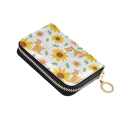 FRODOTGV Sunflowers Shiba Inu Kleiner Karten-Organizer für Mädchen, sichere RFID-Geldbörse, Leder, Reißverschlusstasche, Sonnenblumen Shiba Inu, 1 size, Classic von FRODOTGV