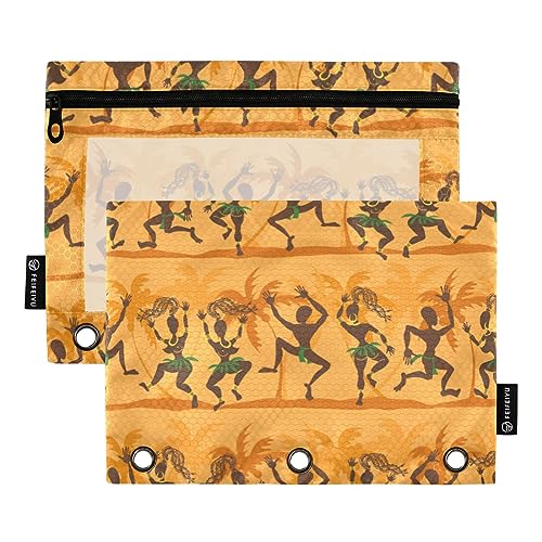 FRODOTGV Tanzende wilde afrikanische Aborigines Ethnische Binder-Bleistiftbeutel, 3-Ring-Bindertaschen, 2 Stück, Reißverschluss, Federmäppchen mit drei Löchern, für 3-Ringbuch von FRODOTGV