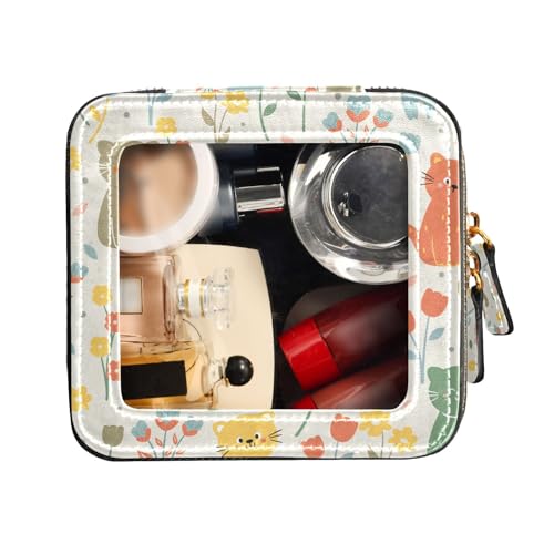 FRODOTGV Transparente Reise-Make-up-Tasche, Kulturbeutel mit Reißverschluss, Leder-Organizer-Taschen, niedliche Cartoon-Katze und Blume, Niedliche Cartoon-Katze und Blume, 1 Size von FRODOTGV