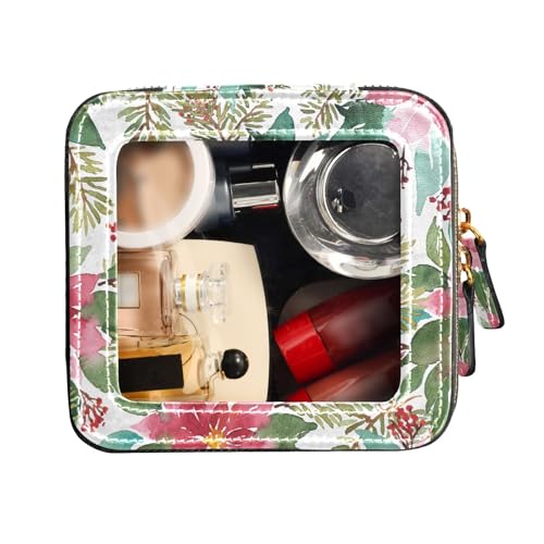 FRODOTGV Transparente Reise-Make-up-Tasche, Reisetaschen für Toilettenartikel, Leder, Organizer-Taschen, Aquarell-Weihnachtsmuster, Weihnachtsstern, Fichte, Aquarell-Weihnachtsmuster, Weihnachtsstern, von FRODOTGV