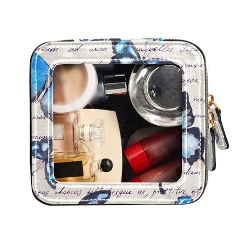 FRODOTGV Transparente Reise-Make-up-Tasche, wasserdicht, Reise-Kulturbeutel, Make-up-Tasche, Organizer, blaue Schmetterlinge, handgeschriebener Text, Blaue Schmetterlinge, handgeschriebener Text, 1 von FRODOTGV
