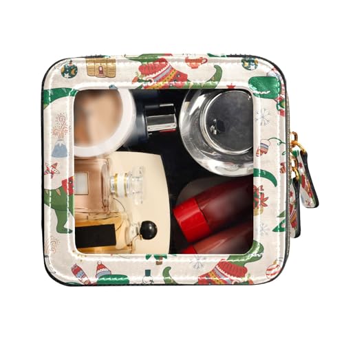 FRODOTGV Transparente kleine Make-up-Tasche, Dinosaurier-Rex, Weihnachten, Happy New Year, Kulturbeutel, Kosmetik-Organizer, Dinosaurier Rex Weihnachten Happy New Year, 1 Size von FRODOTGV
