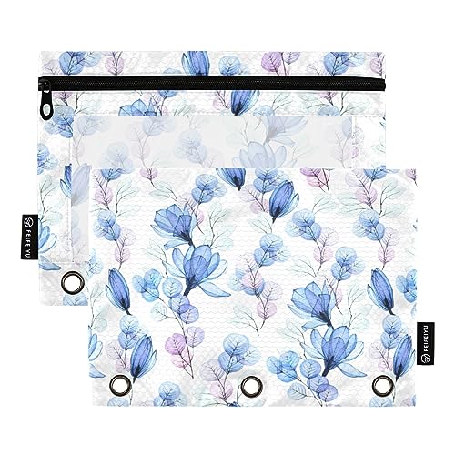 FRODOTGV Transparentes blaues Magnolien-Eukalyptusblätter-Bleistiftetui, 3-Ringbuchtaschen, 2 Stück, transparentes Federmäppchen, Reißverschluss, 3-Loch-Binder für 3-Ringbuch von FRODOTGV