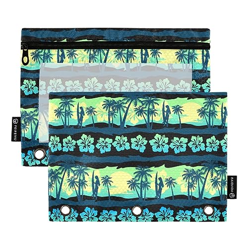 FRODOTGV Tropical Sunrise Binder-Bleistiftbeutel, 3-Ring-Bleistiftbeutel, transparent, Reißverschluss, 3-Loch-Binder für 3-Ringbuch, 2 Stück von FRODOTGV