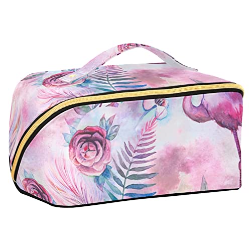 FRODOTGV Tropische Blumen und rosa Flamingo lila große Kapazität Make-up Tasche, Kulturbeutel, große Kapazität Reise Kosmetiktasche, wasserdichter Make-up-Kasten-Organizer, tragbare von FRODOTGV