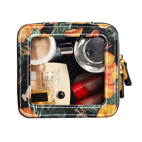 FRODOTGV Wasserdichte transparente Make-up-Tasche, orangefarbene Blume und schwarze Illustration, Leder-Kulturbeutel, Make-up-Organizer, Orangefarbene Blume und schwarze Illustration, 1 Size von FRODOTGV